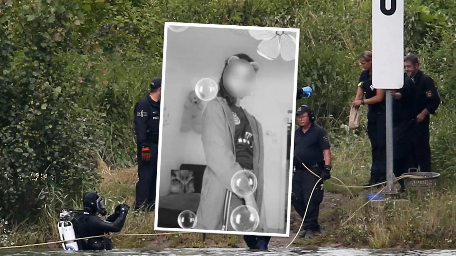 Eine Fotocollage, im Vordergrund ein Mädchen, dahinter Polzisten an einem Ufer.