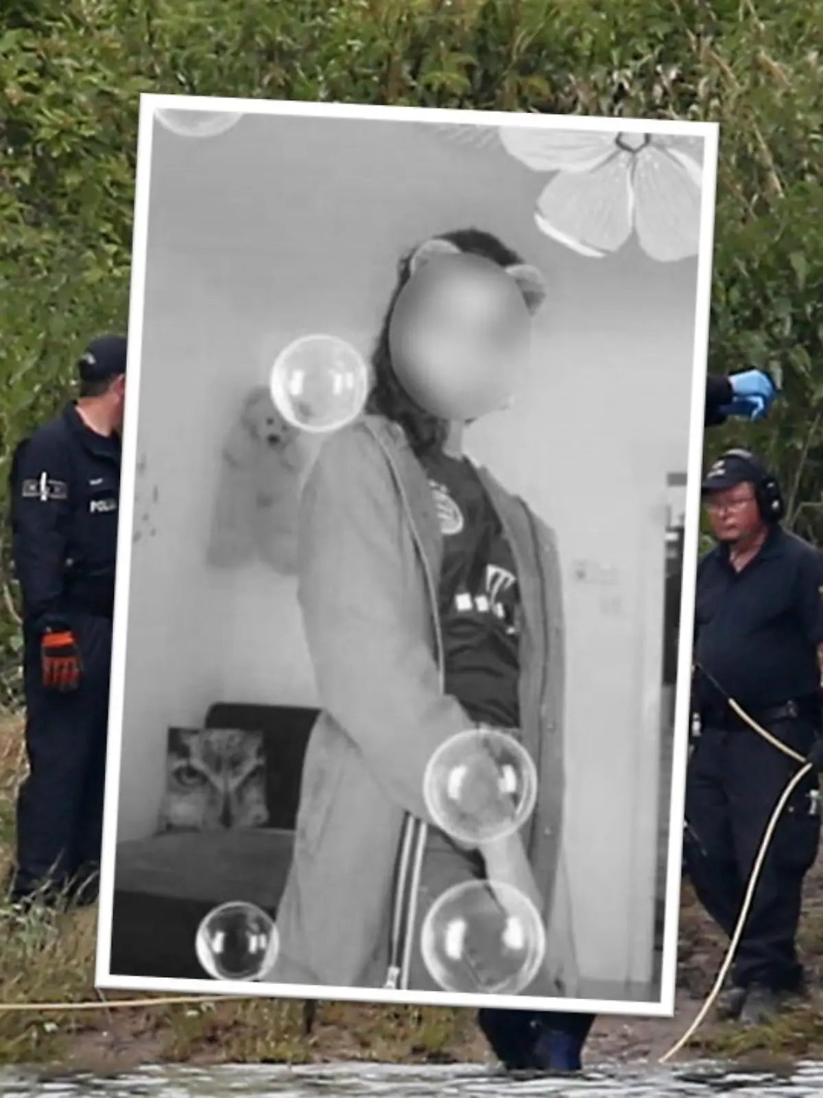Eine Fotocollage, im Vordergrund ein Mädchen, dahinter Polzisten an einem Ufer. 
