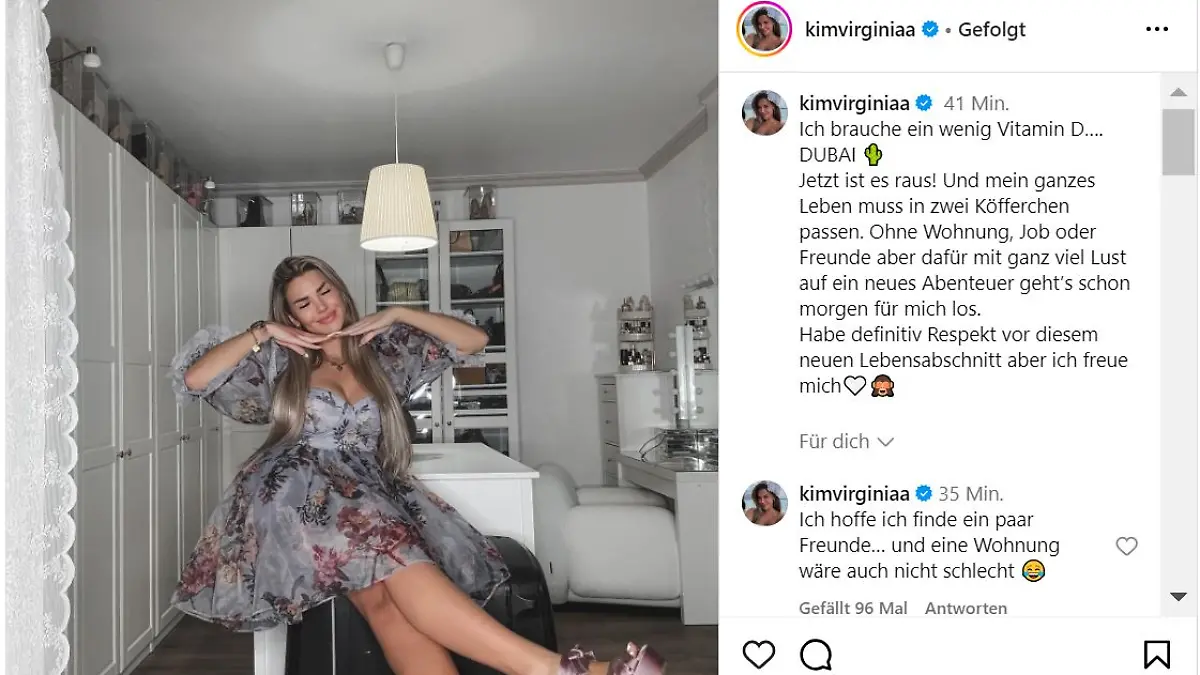 Kim Virgina verkündet mit einem Instagram-Post, dass sie nach Dubai auswandert