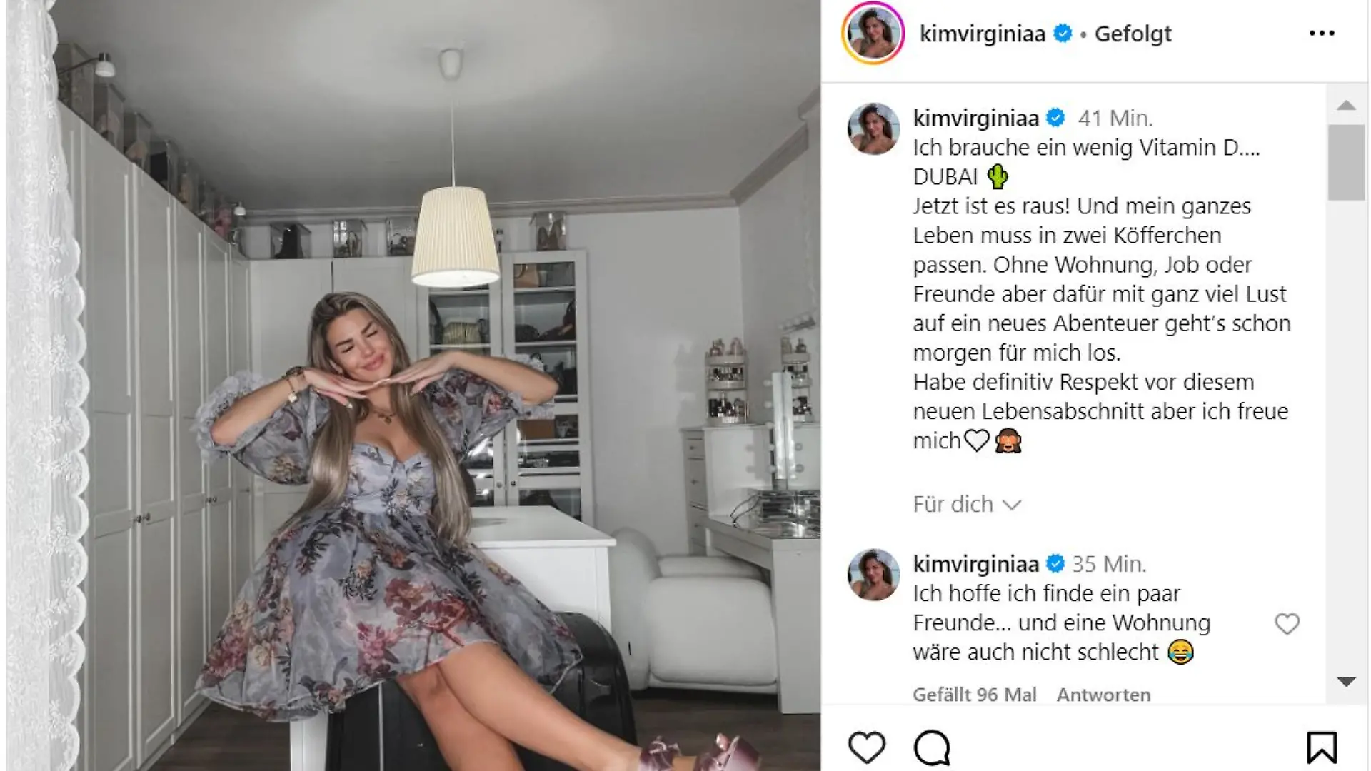 Kim Virgina verkündet mit einem Instagram-Post, dass sie nach Dubai auswandert
