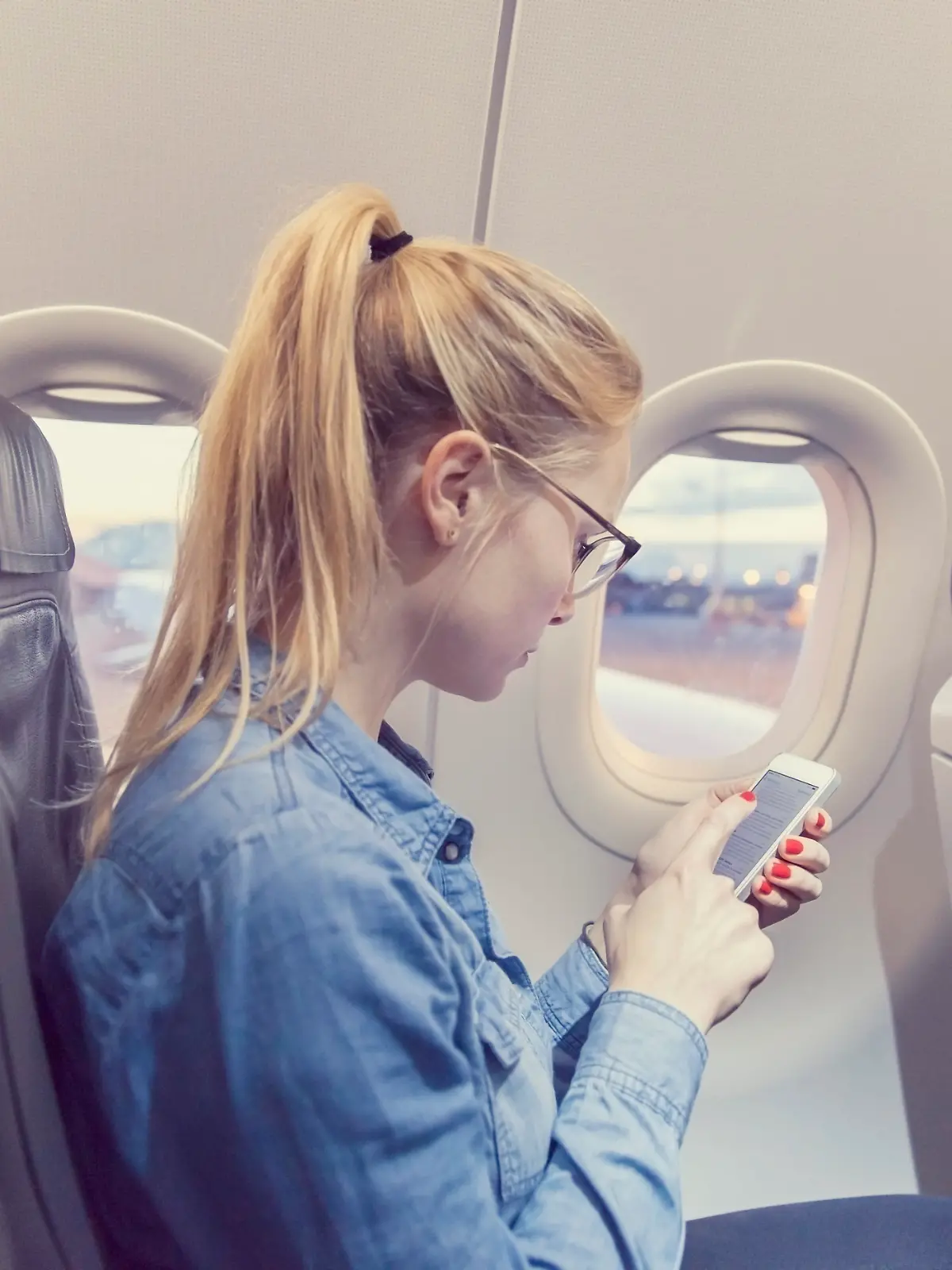 Eine Frau mit Handy im Flugzeug