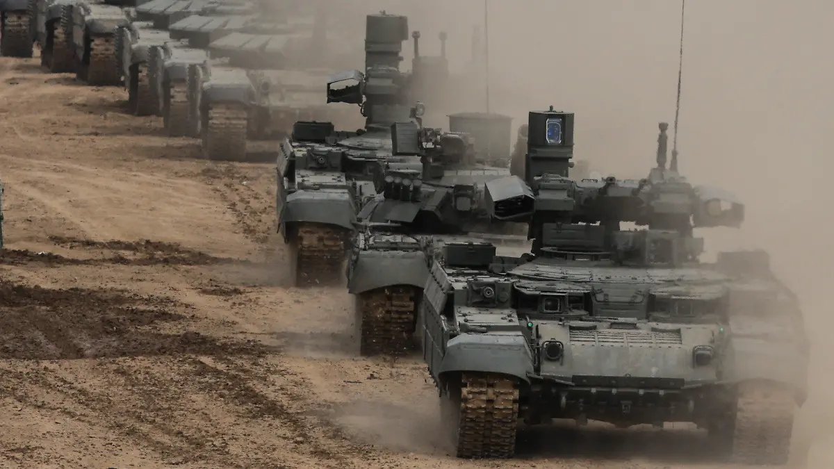 MOSCOW REGION, RUSSIA - 2021/08/24: Russian Army BMPT "Terminator" armored tank support fighting vehicles (AFV) take part in the annual Army Games defense technology international exhibition.