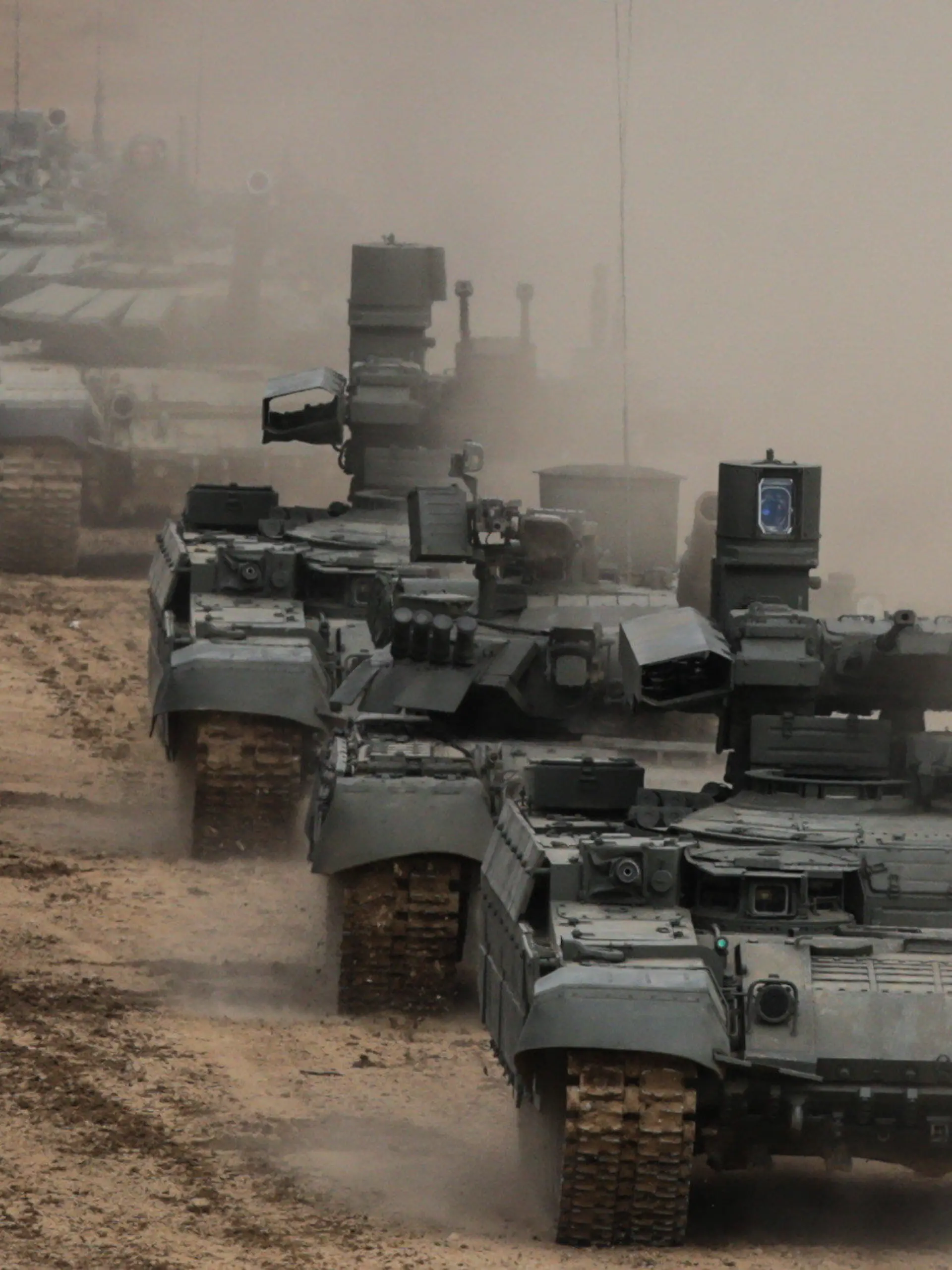 MOSCOW REGION, RUSSIA - 2021/08/24: Russian Army BMPT "Terminator" armored tank support fighting vehicles (AFV) take part in the annual Army Games defense technology international exhibition.