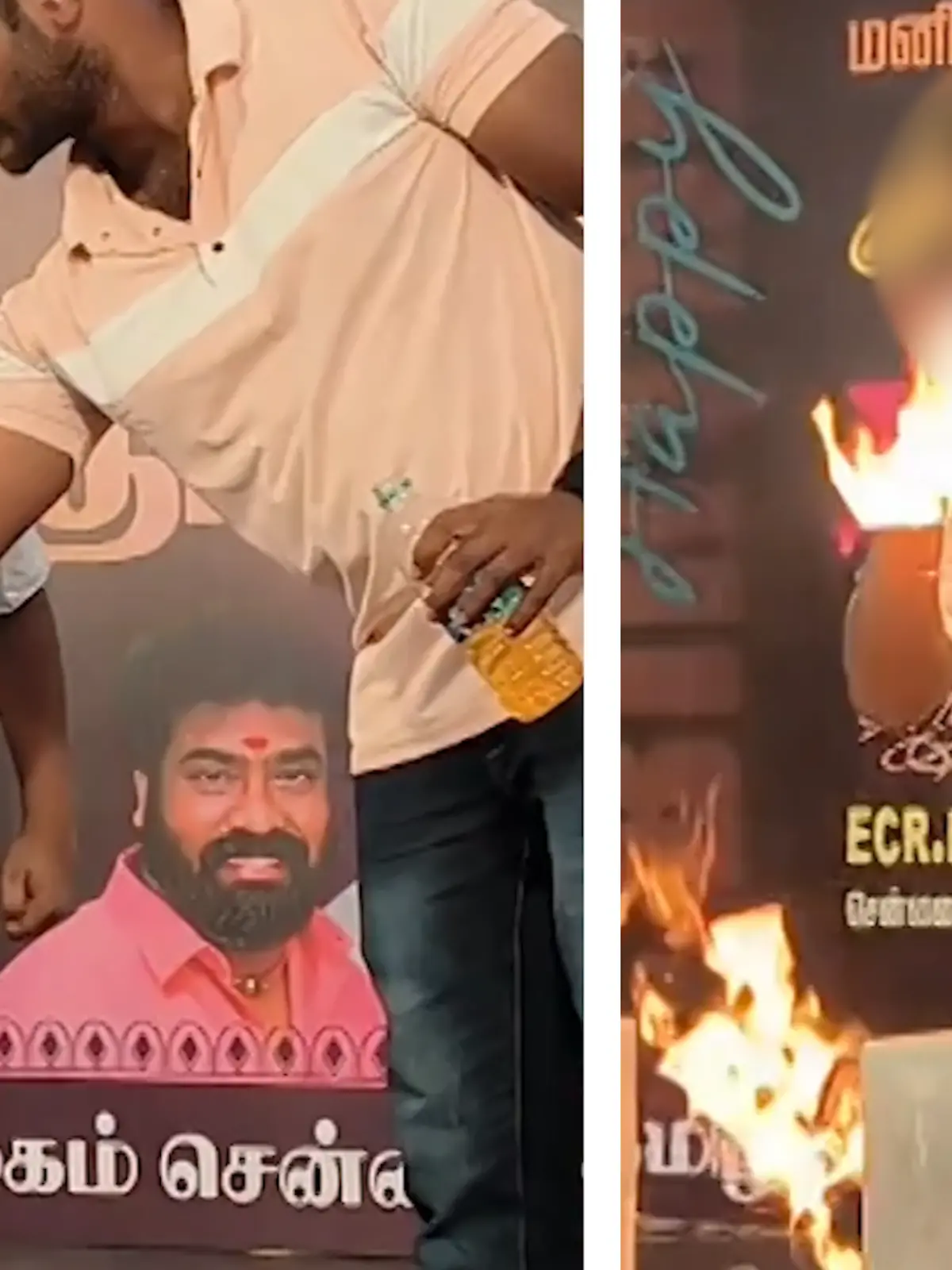 Während einer von Fans des indischen Schauspielers Thalapathy Vijay organisierten Feier in Chennai, riskiert ein kleiner Junge sein Leben bei einem Feuer-Stunt.