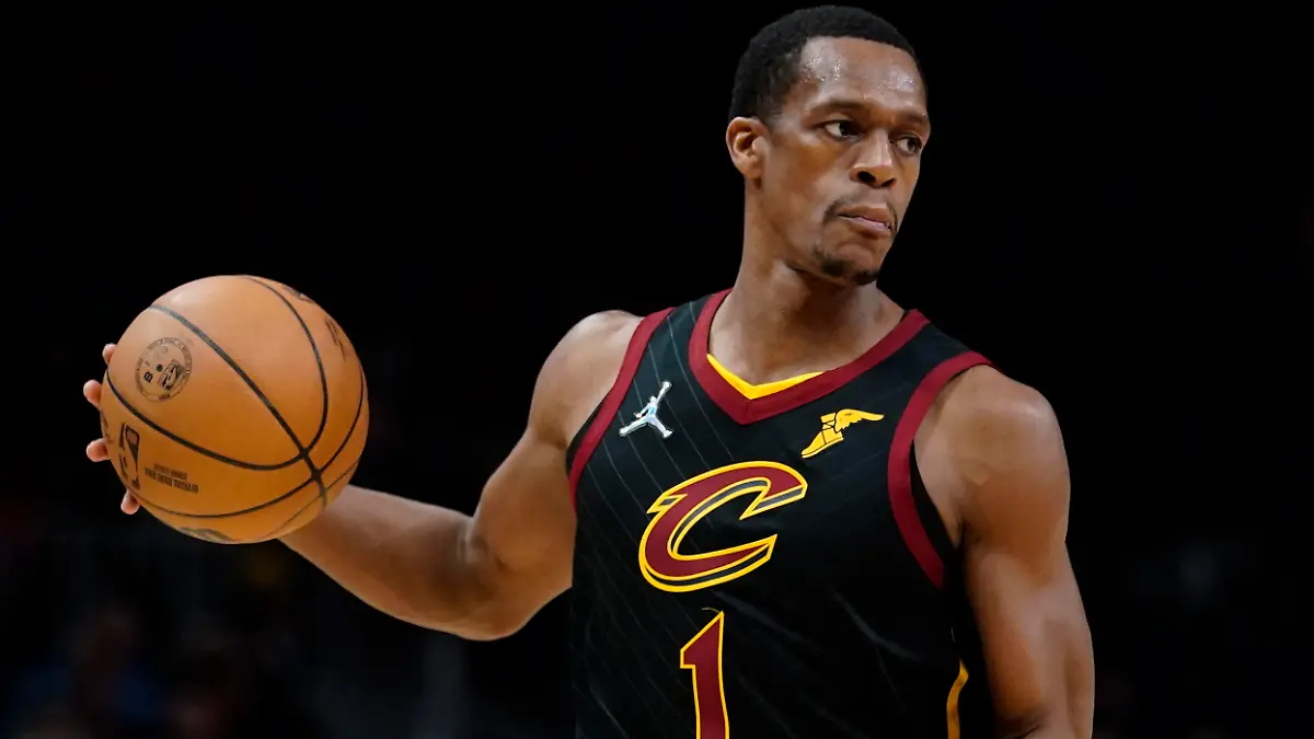Cleveland Cavaliers guard Rajon Rondo (1) is shown against the Atlanta Hawks during the second half of an NBA basketball game Tuesday, Feb. 15, 2022, in Atlanta. (AP Photo/John Bazemore)