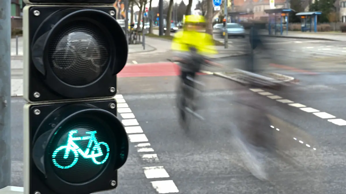 Eine Ampel für Radfahrer ist an einer Kreuzung zu sehen.