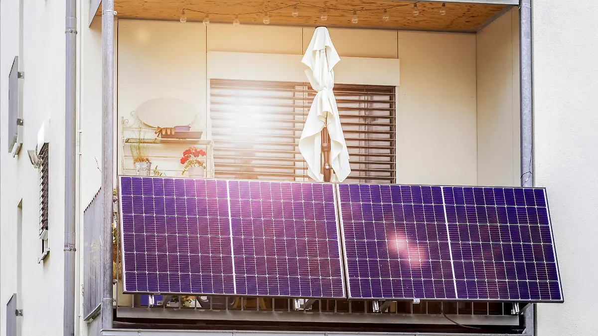 Modern Balcony with pv Solar Panel. Solar Photovoltaic Battery on the Balcony of Modern Apartment Building.