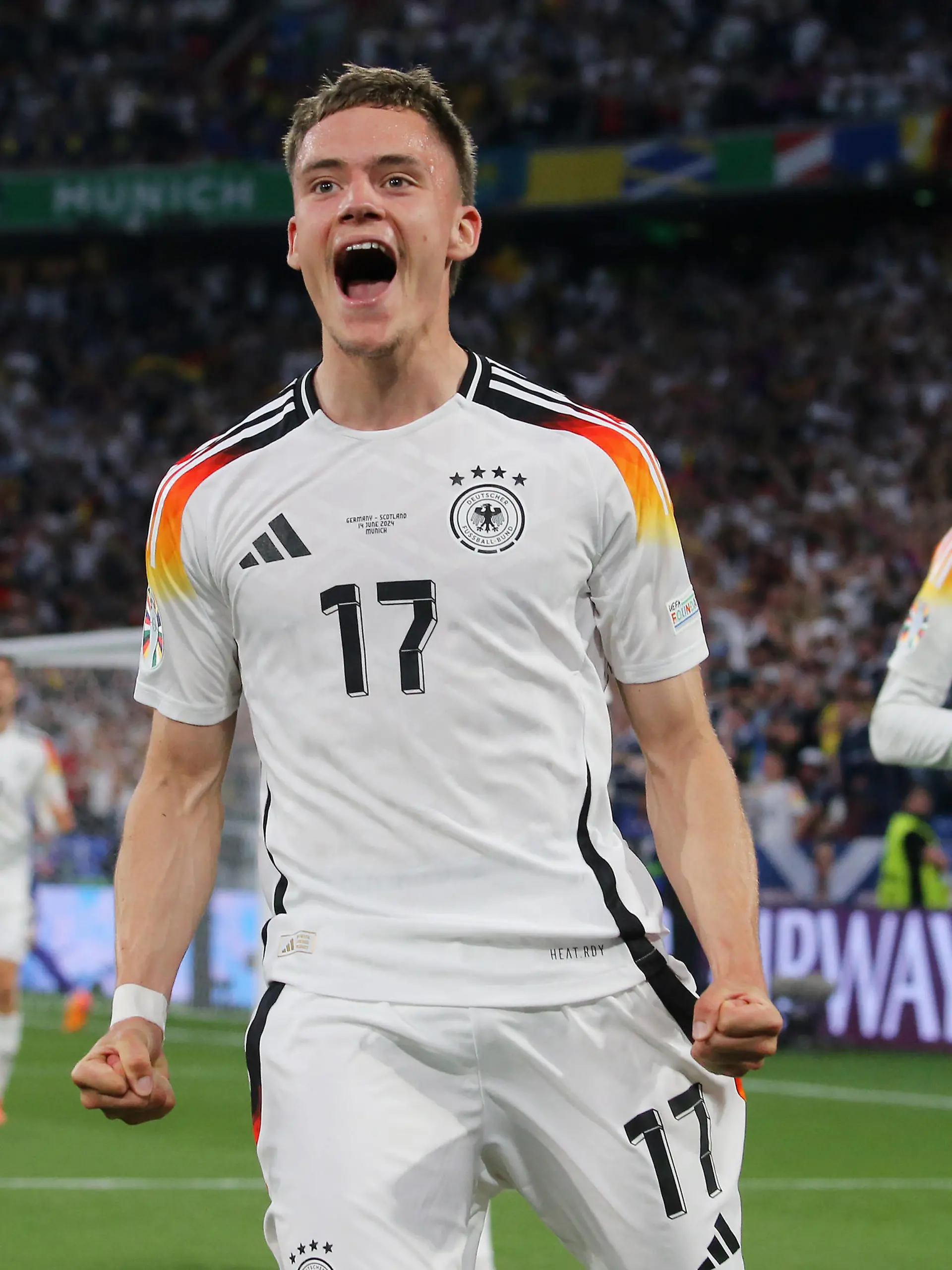 BAU// 14.06.2024 München Fußball EM 2024 Eröffnungsspiel Deutschland vs. Schottland, v.l. Torschütze Florian Wirtz GER jubelt über das Tor zum 1:0, rechts Jamal Musiala GER *** BAU 14 06 2024 Munich European Championship 2024 opening match Germany vs Scotland, from left goal scorer Florian Wirtz GER celebrates the 1-0 goal, right Jamal Musiala GER