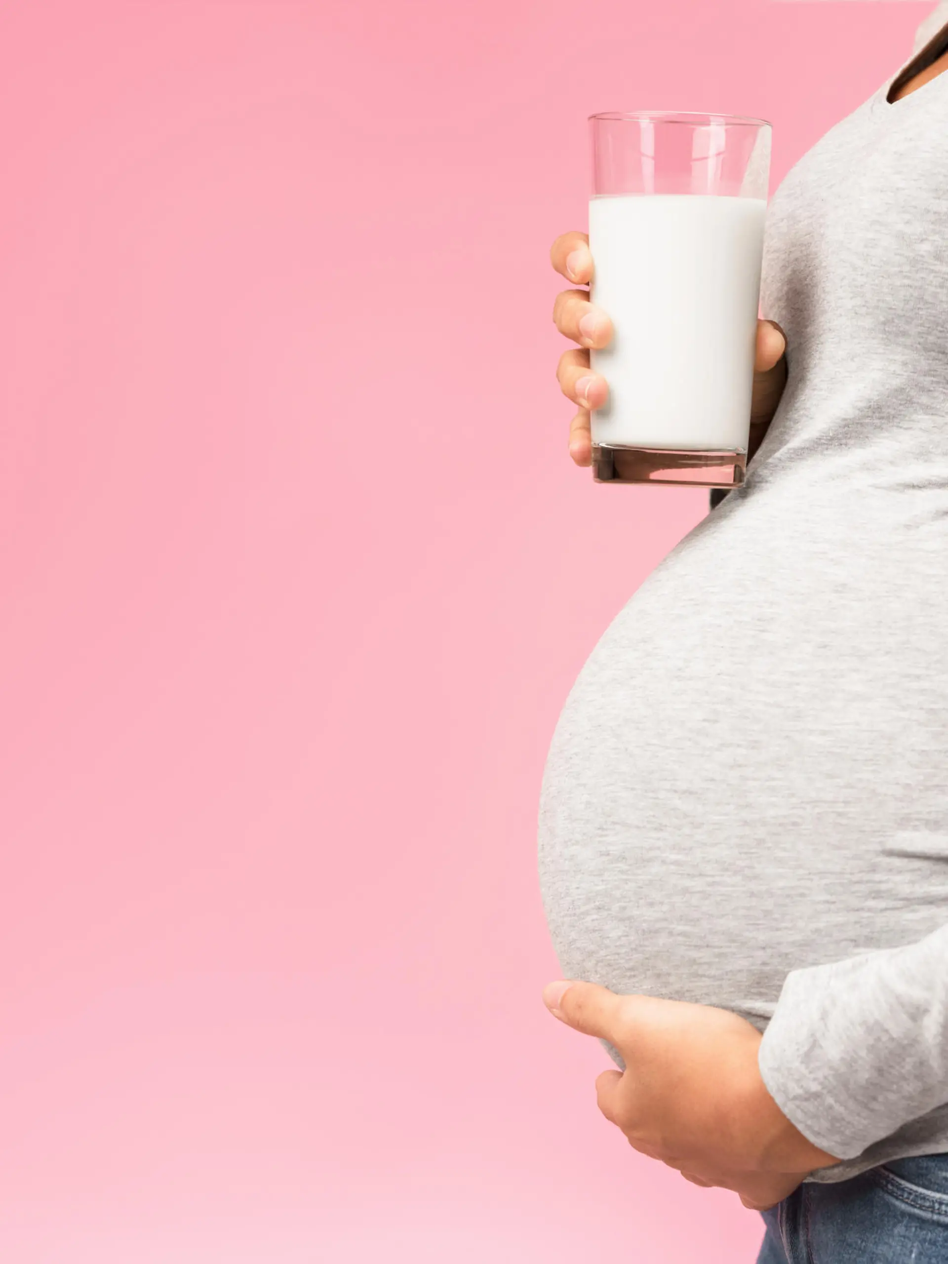 Healthy nutrition. Unrecognizable pregnant woman with glass of milk, pink background, panorama with free space