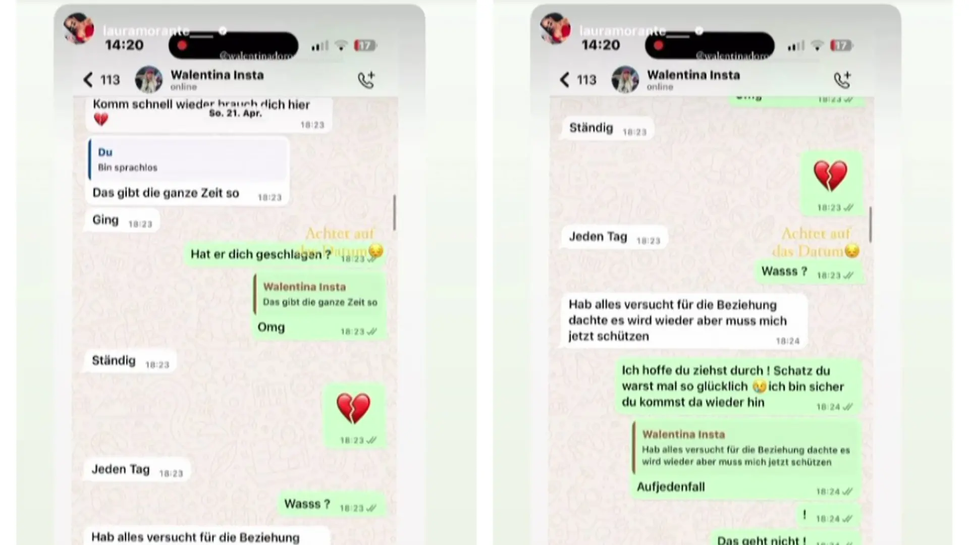 Laura Morante und Walentina Doronina haben bei Instagram den Screenshot eines Chatverlaufs geteilt, in dem Walentina schwere Vorwürfe gegen ihren Ex-Freund Can Kaplan erhebt.