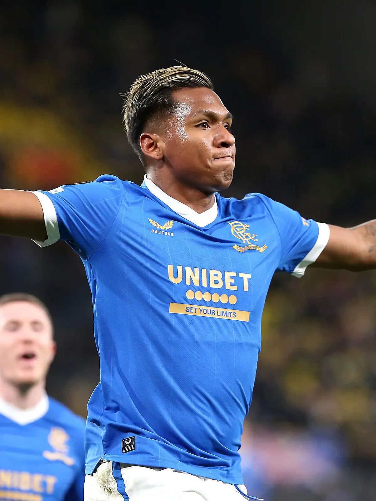  17.02.2022, Fussball UEFA Europa League 2021/2022, Play-Off, Borussia Dortmund - Glasgow Rangers, im Signal-Iduna-Park Dortmund. Jubel Torschütze Alfredo Morelos Glasgow Rangers zum Tor zum 2:0 ***DFL and DFB regulations prohibit any use of photographs as image sequences and/or quasi-video.***