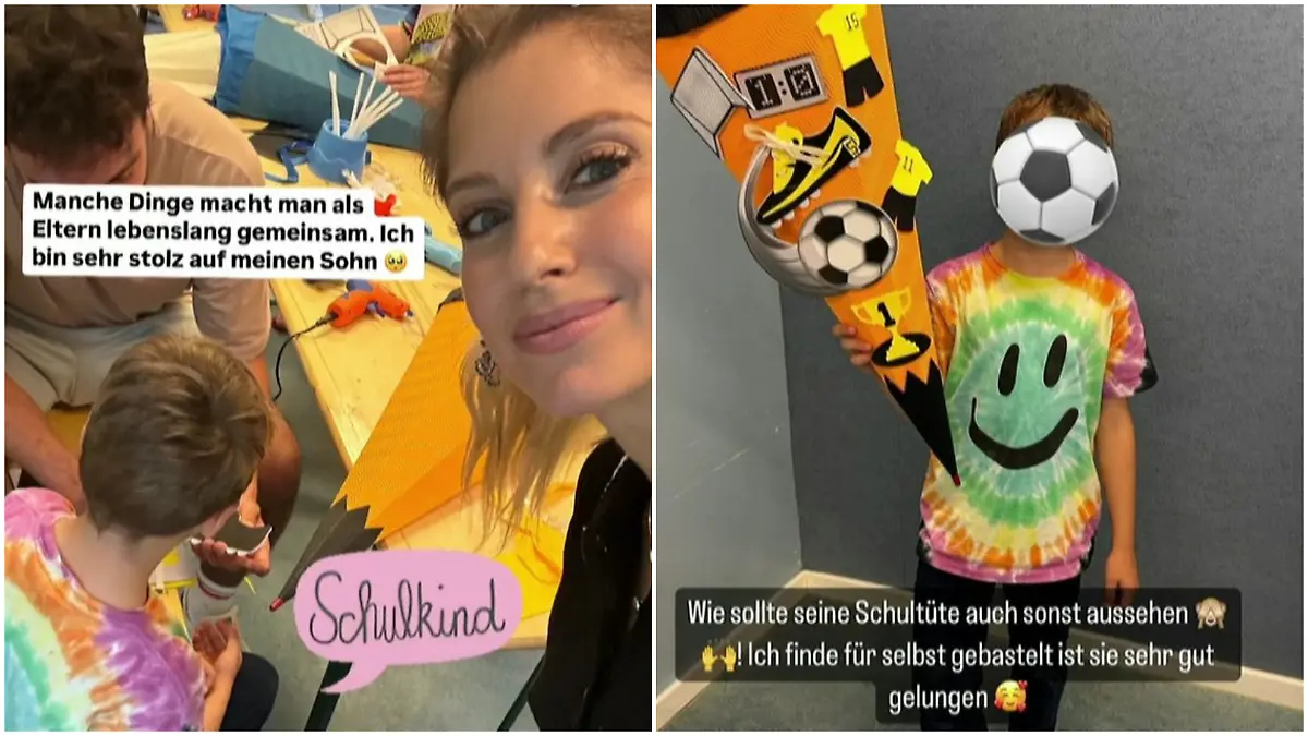 Cathy und Mats Hummels haben gemeinsam mit Sohn Ludwig eine Schultüte gebastelt.