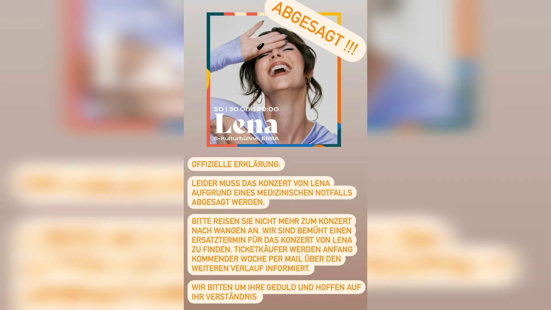 Die Landesgartenschau Wangen informiert via Instagram über die Absage des Lena-Konzerts