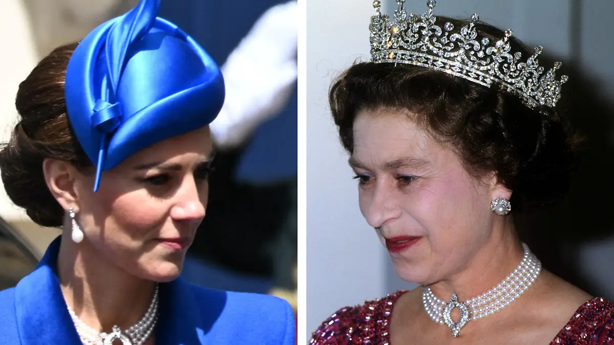 Prinzessin Kate trägt hier die Halskette, mit der die Queen bereits 1983 abgelichtet wurde.
