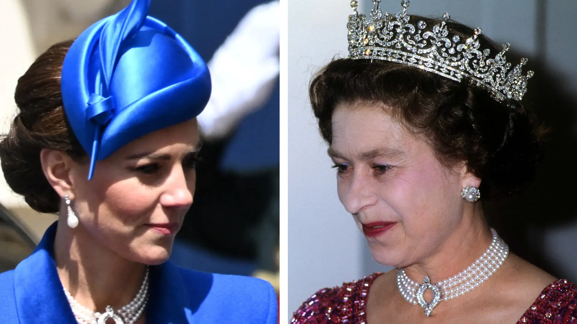 Prinzessin Kate trägt hier die Halskette, mit der die Queen bereits 1983 abgelichtet wurde.