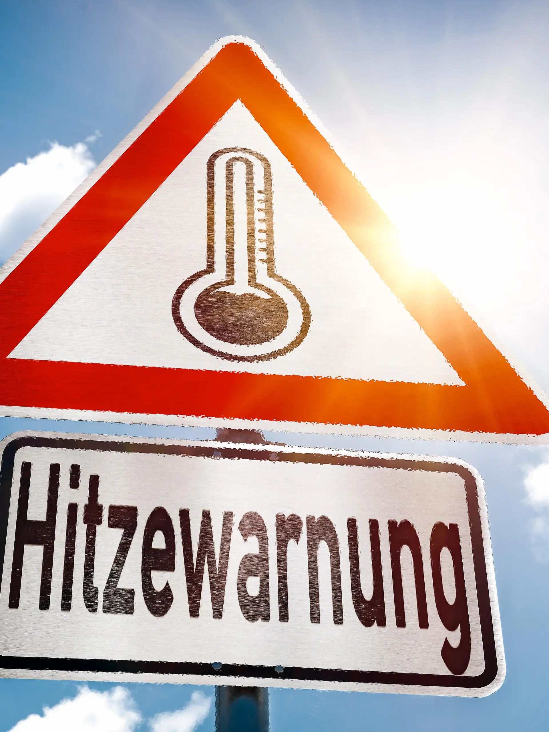 Schild vor blauem Himmel mit Sonnenschein und dem Text - Hitzewarnung, Sommer, Warnug vor Hitze, warme Temperatur FOTOMONTAGE