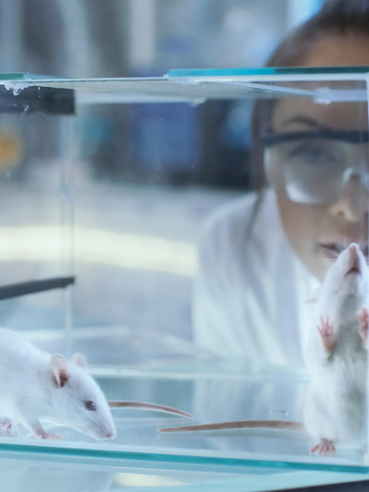 Medical Research Scientists Examines Laboratory Mice kept in a Glass Cage. She Works in a Light Laboratory.