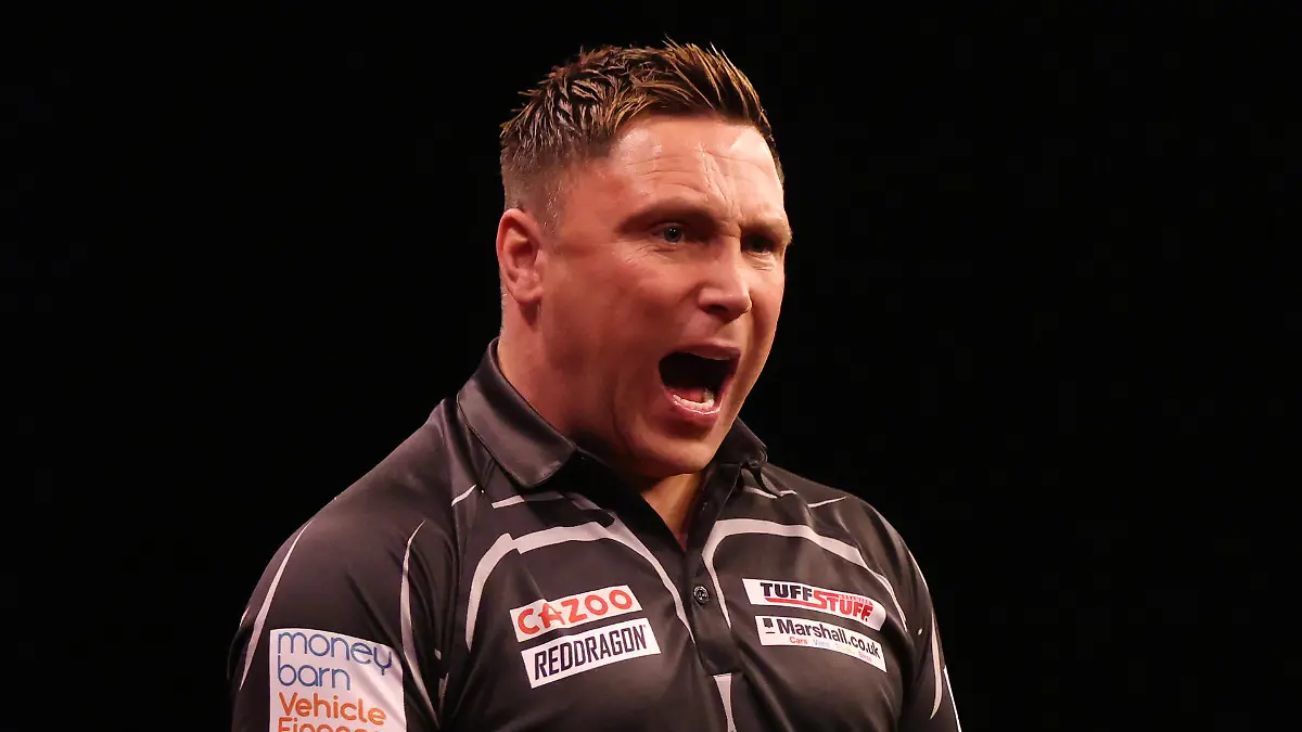 SHEFFIELD, ENGLAND - MAY 12: Gerwyn Price of Wales celebrates during their match against Michael van Gerwen of Netherlands on night 14 of the Cazoo Premier League Darts at Utilita Area Sheffield on May 12, 2022 in Sheffield, England. (Photo by George Wood/Getty Images)