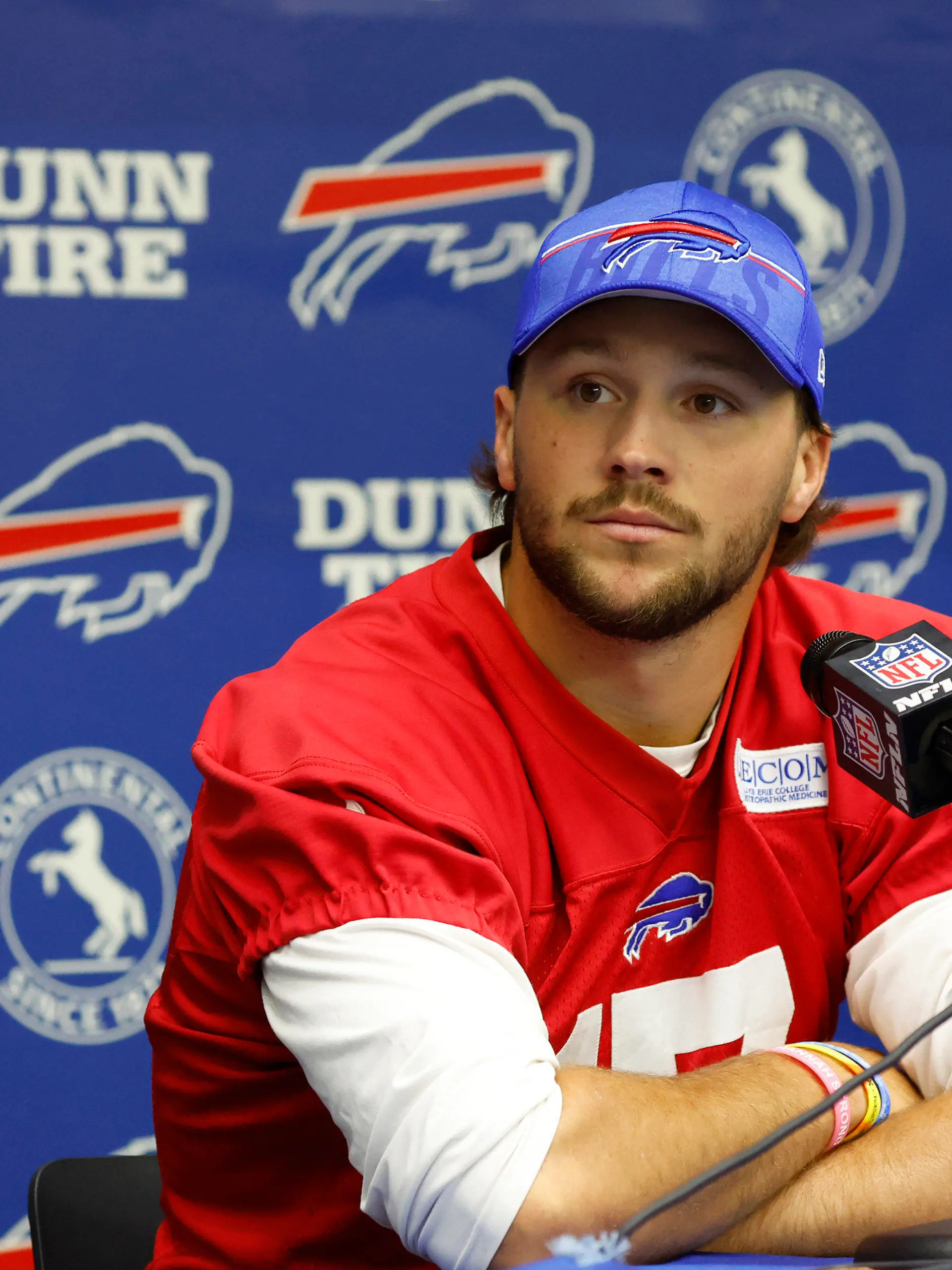 Buffalo Bills quarterback Josh Allen (17) addresses the media following an NFL football Mandatory Minicamp practice in Orchard Park, N.Y., Tuesday June 13, 2023. (AP Photo/Jeffrey T. Barnes)