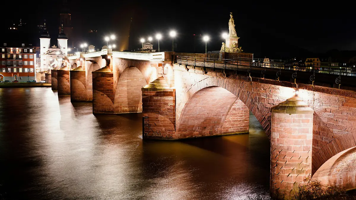 ARCHIV - 28.10.2021, Baden-Württemberg, Heidelberg: Die beleuchtete Alte Brücke bei Nacht. Der Trend zu nächtlichen Dauerbeleuchtung ist für viele Tiere eine Qual. (Zu dpa: "Schattenseite des Lichts: Lichtverschmutzung wird für Tiere zur Qual") Foto: Uwe Anspach/dpa +++ dpa-Bildfunk +++