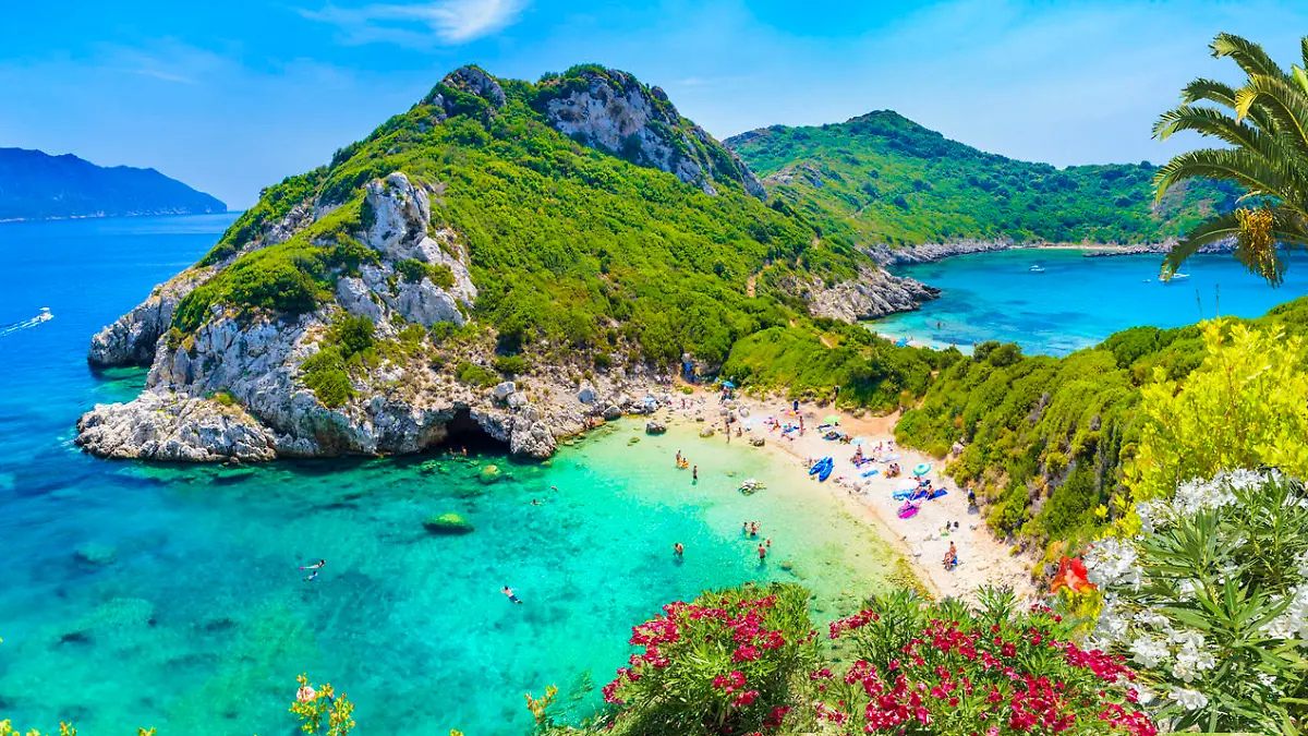 Aerial view of  Porto Timoni, Afionas region, Corfu