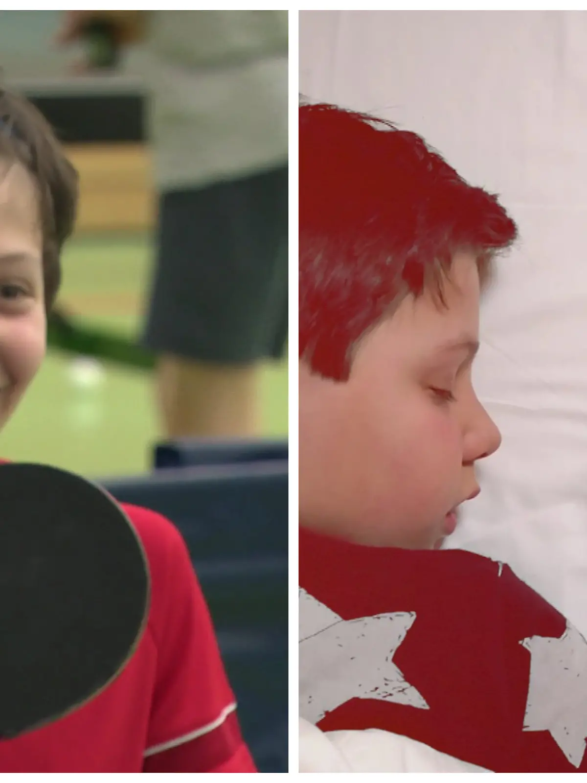 Fotokollage, links: Eliah mit Schläger an Tischtennisplatte; rechts: Eliah schläft mit Medaille in der Hand