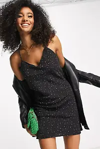 Topshop – Mini-Trägerkleid in Schwarz mit Sternen- und Punkte-Jacquardmuster