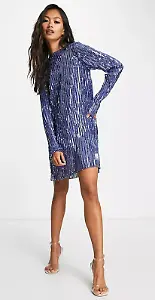 ASOS DESIGN – Langärmliges, plissiertes Etui-Minikleid mit Pailletten in Blau