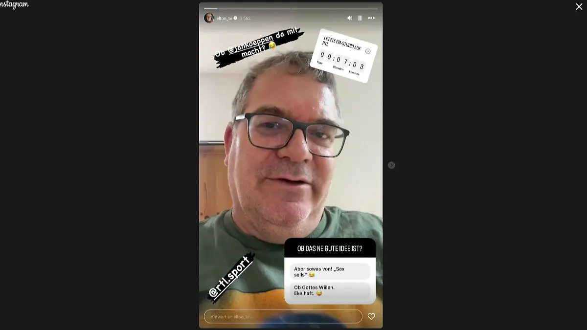 Elton verkündet in seiner Insta-Story, dass er zum EM-Finale blank ziehen will.