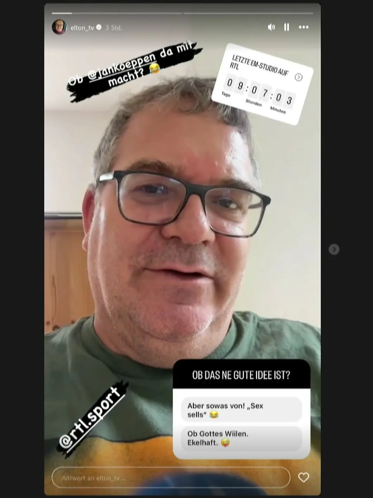 Elton verkündet in seiner Insta-Story, dass er zum EM-Finale blank ziehen will.