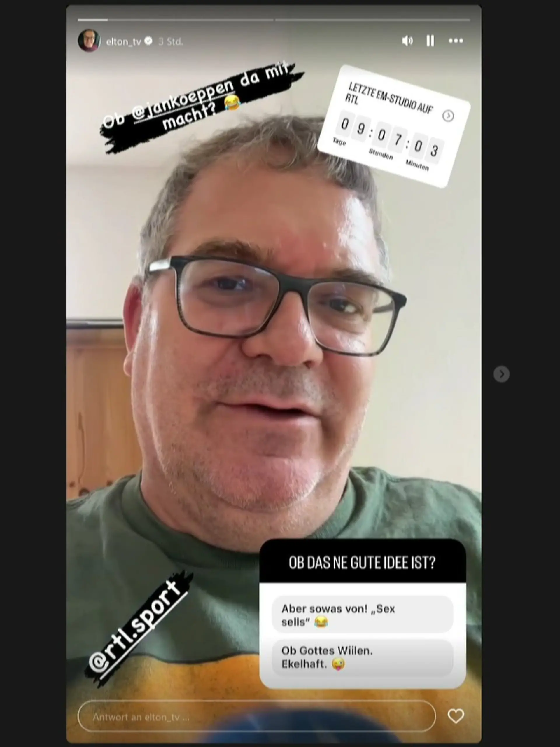 Elton verkündet in seiner Insta-Story, dass er zum EM-Finale blank ziehen will.
