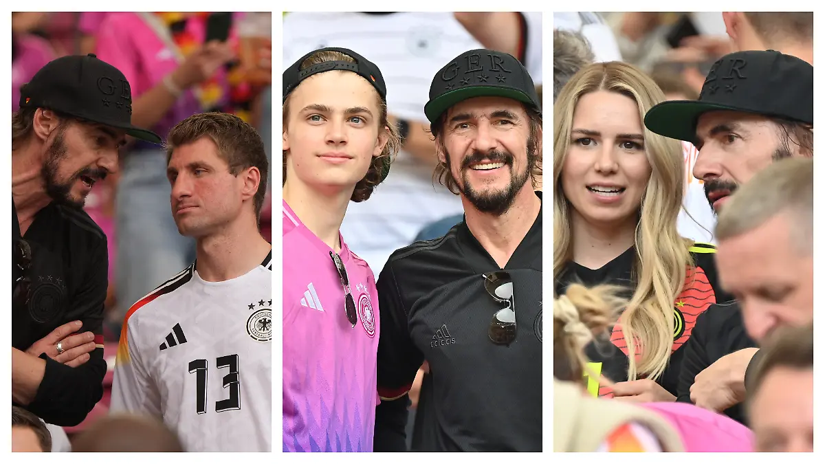 Thomas Hayo mit Thomas Müllers Bruder (l.), seinem Sohn (m.) und Manuel Neuers Frau Annika Bissel (r.)