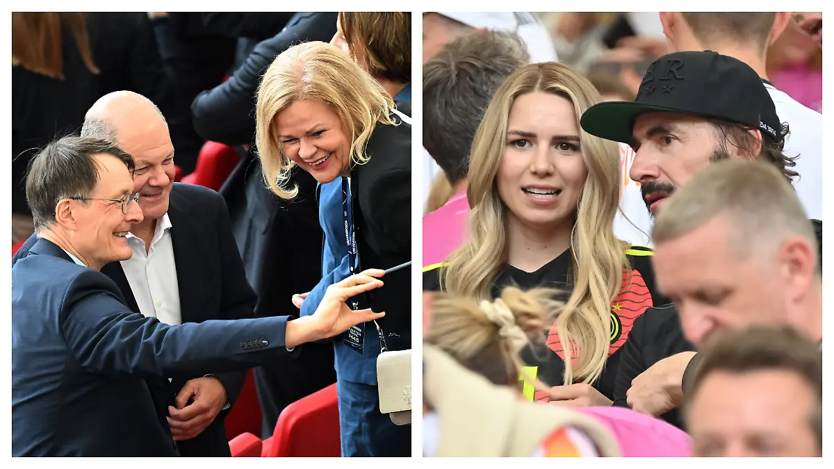 Olaf Scholz, Karl Lauterbach, Nancy Faeser, Annika Bissel und Thomas Hayo beim EM-Viertelfinale auf der Tribüne.