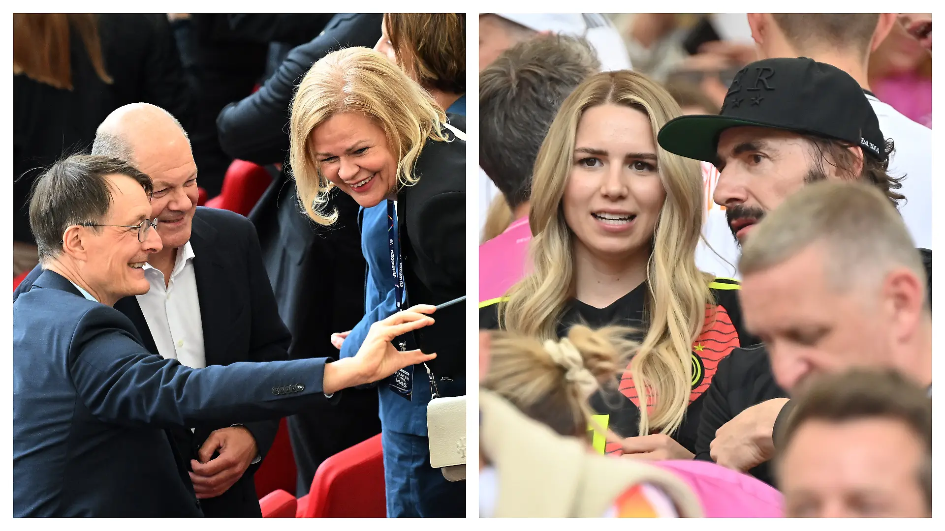 Olaf Scholz, Karl Lauterbach, Nancy Faeser, Annika Bissel und Thomas Hayo beim EM-Viertelfinale auf der Tribüne.