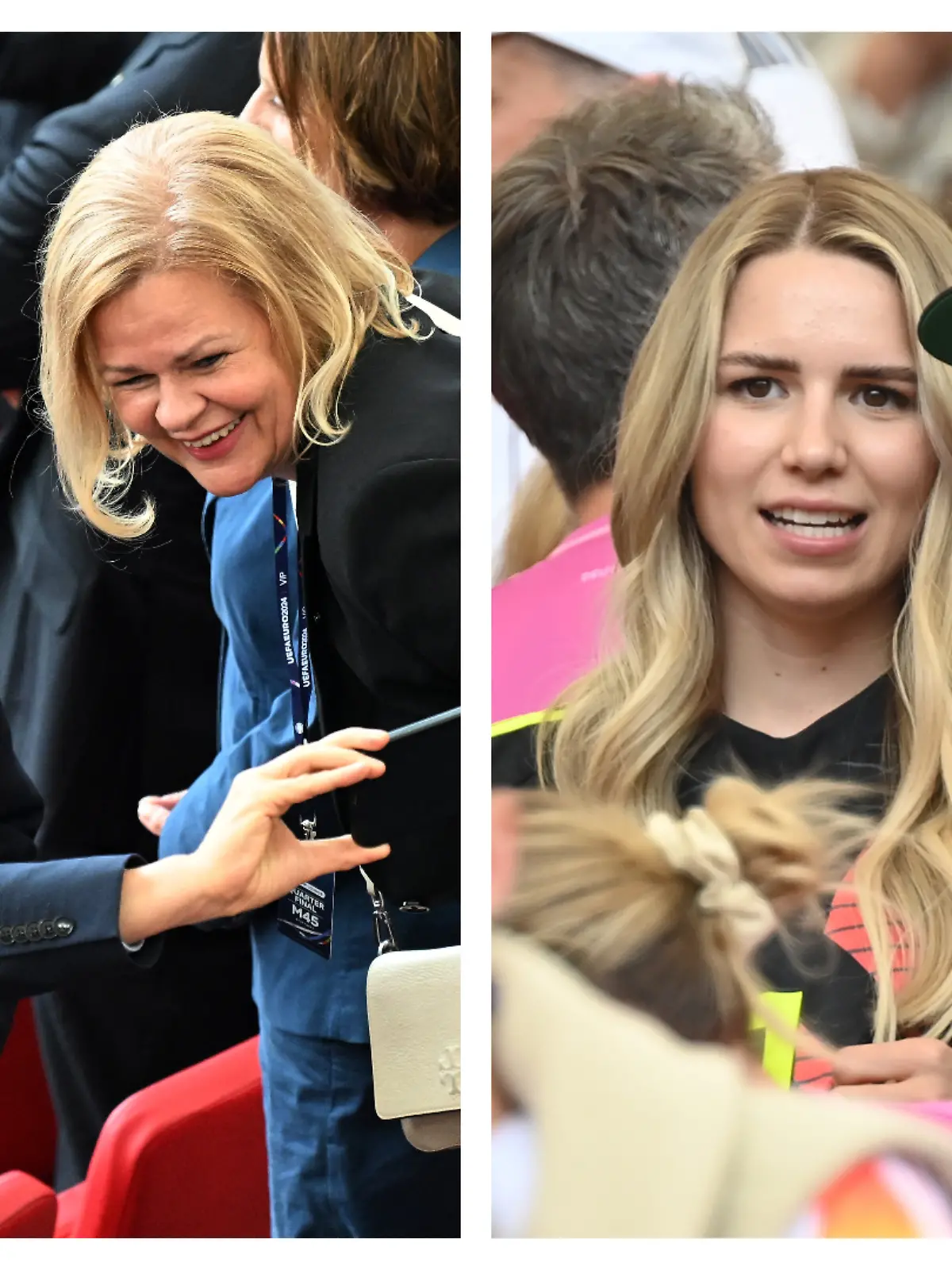 Olaf Scholz, Karl Lauterbach, Nancy Faeser, Annika Bissel und Thomas Hayo beim EM-Viertelfinale auf der Tribüne.