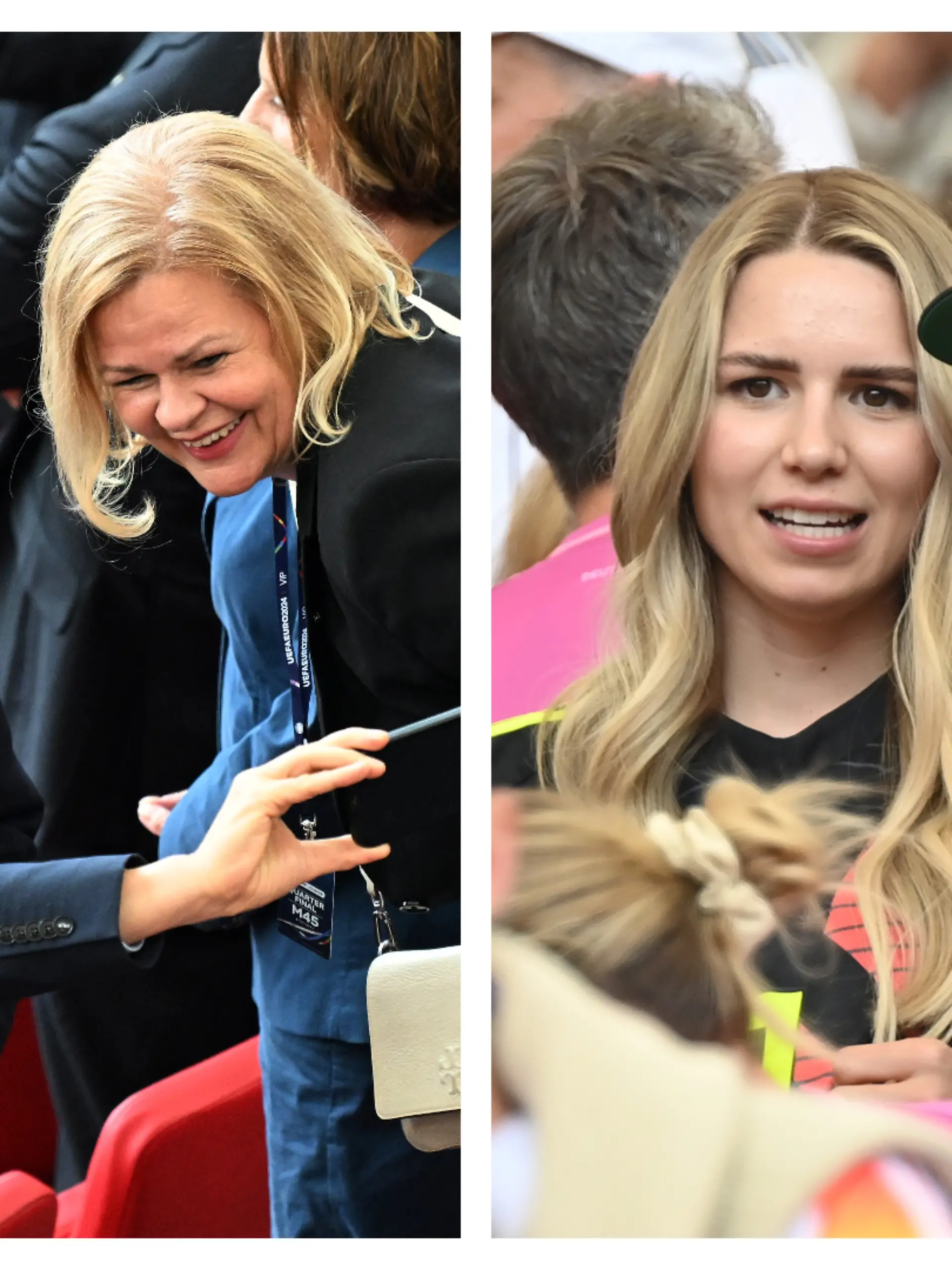 Olaf Scholz, Karl Lauterbach, Nancy Faeser, Annika Bissel und Thomas Hayo beim EM-Viertelfinale auf der Tribüne.