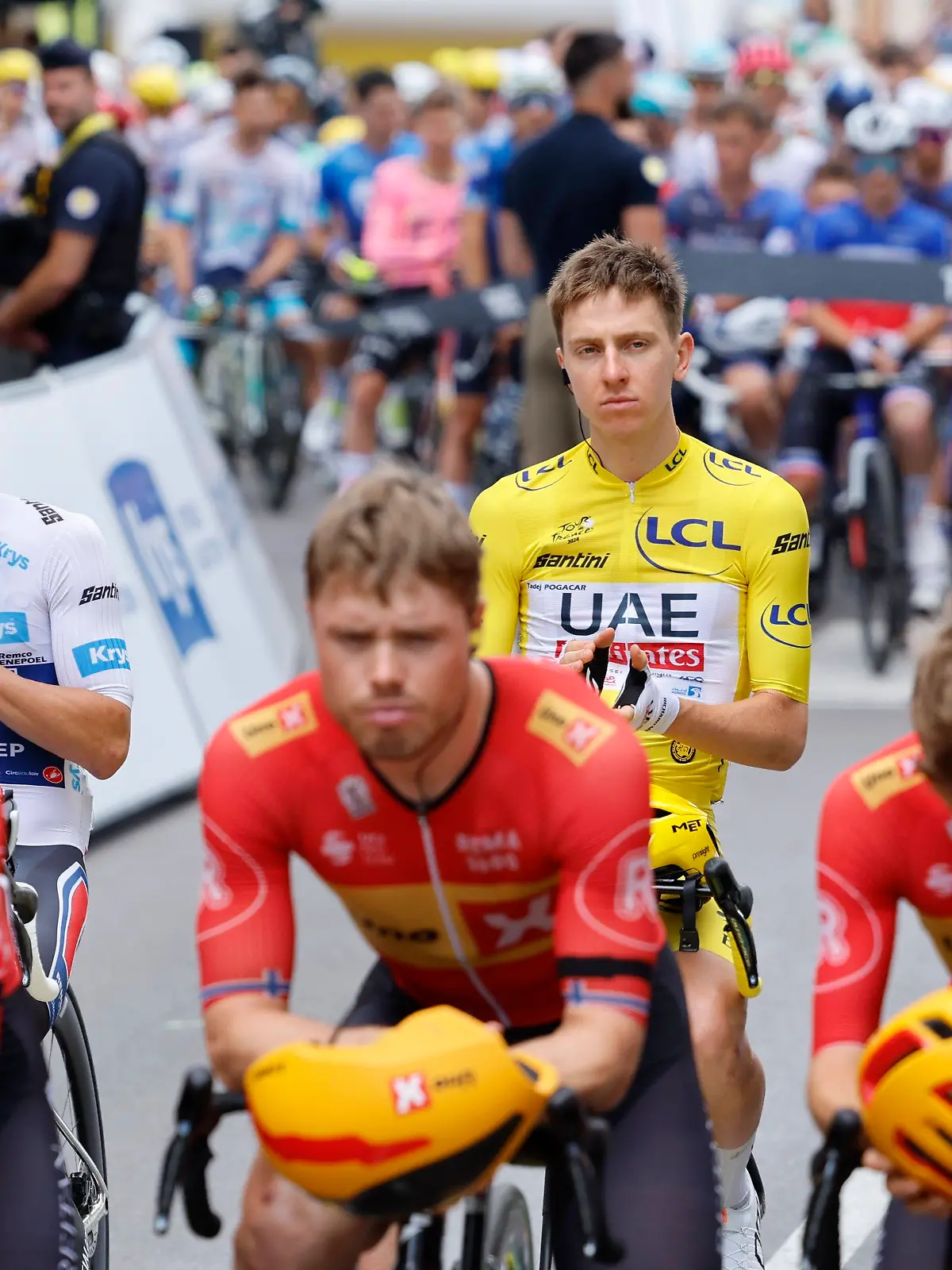 Tour de France 2024 - Stage 09 TROYES, FRANCE - JULY 07 : Following the passing away of the rider Andre Drege yesterday, the Uno-X Mobility riders and Evenepoel Remco BEL of Soudal - Quick Step, Pogacar Tadej SVN of UAE Team Emirates, Girmay Biniam ERI of Intermarche - Wanty will be called this morning on the start line 5 minutes before the start of the stage in order to pay tribute to him during stage 9 of the 111th edition of the Tour de France 2024 cycling race, a stage of 199 kms with start and finish in Troyes on July 07, 2024 in Troyes, France, 07/07/2024 Troyes France