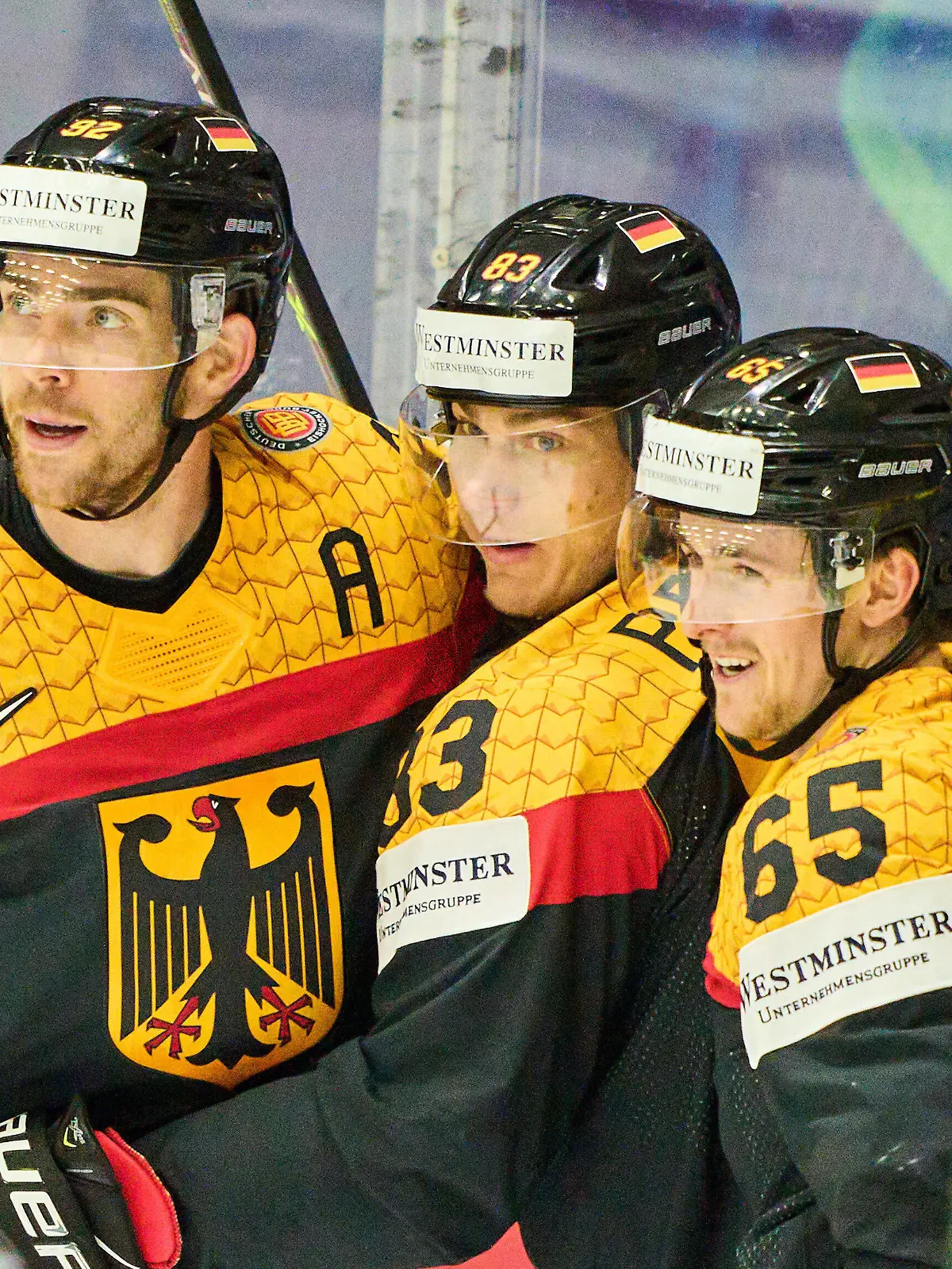 Leonard Leo Pföderl Nr. 83 of Germany scores, shoots goal , Tor, Treffer, Torschuss, 3-2, celebrates his goal, happy, laugh, celebration, Marcel Noebels Nr. 92 of Germany Marc MICHAELIS Nr.65 of Germany in the match GERMANY - FRANCE of the IIHF Ice hockey, Eishockey World Championship, WM, Weltmeisterschaft Group B in Helsinki, Finland, May 16, 2022, Season 2021/2022 