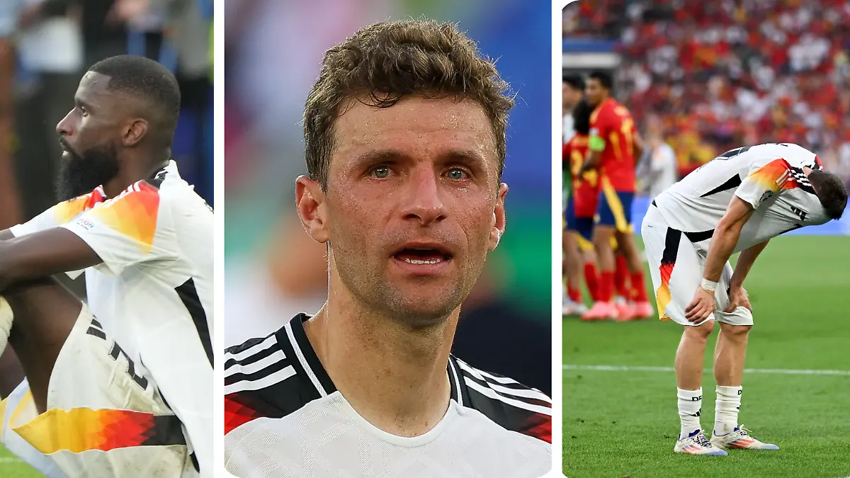 Die DFB-Stars Antonio Rüdiger, Thomas Müller und Florian Wirtz (v.l.n.r.) unmittelbar nach dem verlorenen Viertelfinale gegen Spanien. Auch sie sind voller Trauer.