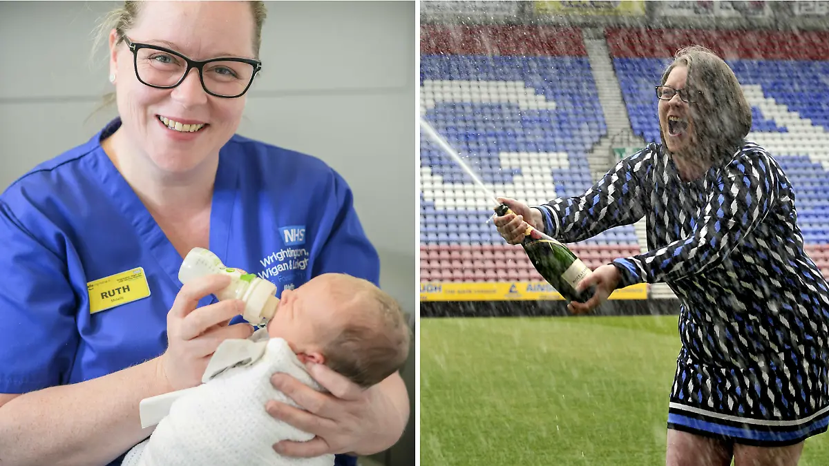 Eine Fotocollage, rechts eine Frau mit Champagner-Flasche und links die selbe Frau als Hebamme mit Baby auf dem Arm.