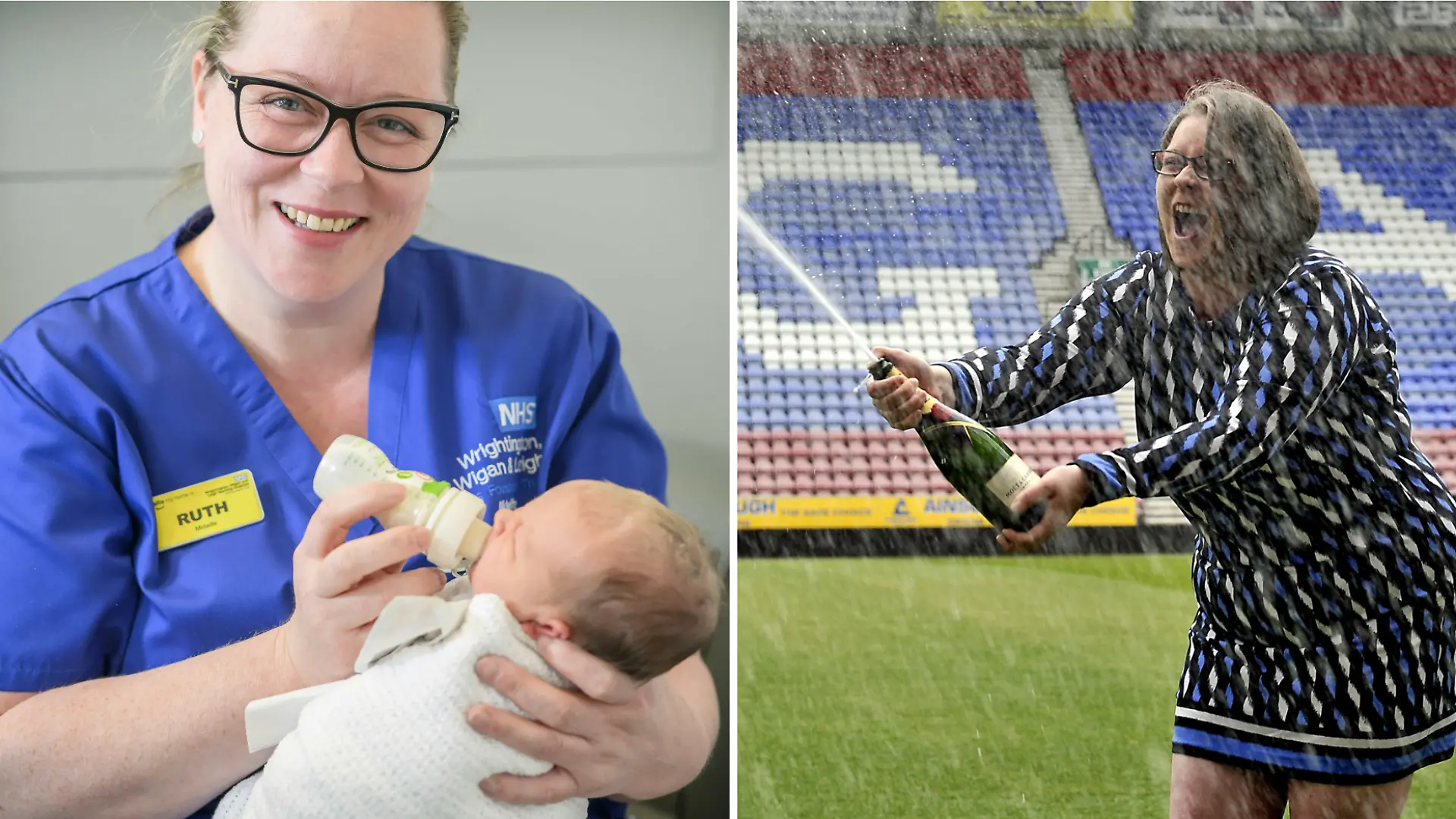 Eine Fotocollage, rechts eine Frau mit Champagner-Flasche und links die selbe Frau als Hebamme mit Baby auf dem Arm.