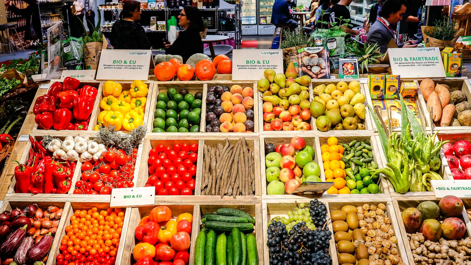  09.10.2019, Koeln, Nordrhein-Westfalen, Deutschland - EU-Bio-Gemuese und Bio-Obst in einer Gemuesetheke von der Erzeugergenossenschaft Landgard Bio auf dem Organic Market auf der ANUGA Lebensmittelmesse. Koeln Nordrhein-Westfalen Deutschland *** 09 10 2019, Cologne, North Rhine-Westphalia, Germany EU Organic Vegetables and Organic Fruit in a Vegetable Counter from the Producer Cooperative Landgard Bio at the Organic Market at the ANUGA Food Fair Cologne North Rhine-Westphalia Germany