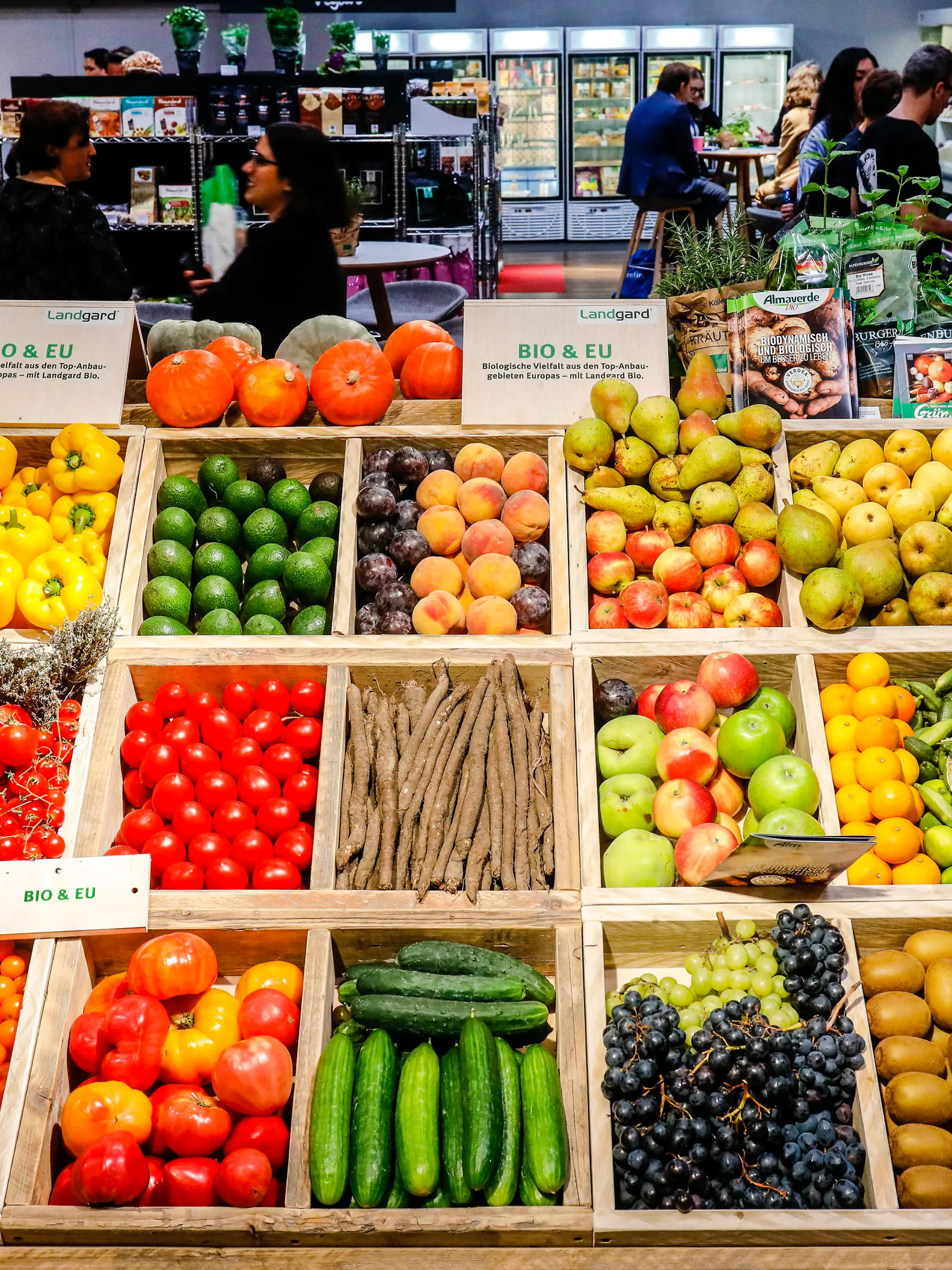  09.10.2019, Koeln, Nordrhein-Westfalen, Deutschland - EU-Bio-Gemuese und Bio-Obst in einer Gemuesetheke von der Erzeugergenossenschaft Landgard Bio auf dem Organic Market auf der ANUGA Lebensmittelmesse. Koeln Nordrhein-Westfalen Deutschland *** 09 10 2019, Cologne, North Rhine-Westphalia, Germany EU Organic Vegetables and Organic Fruit in a Vegetable Counter from the Producer Cooperative Landgard Bio at the Organic Market at the ANUGA Food Fair Cologne North Rhine-Westphalia Germany