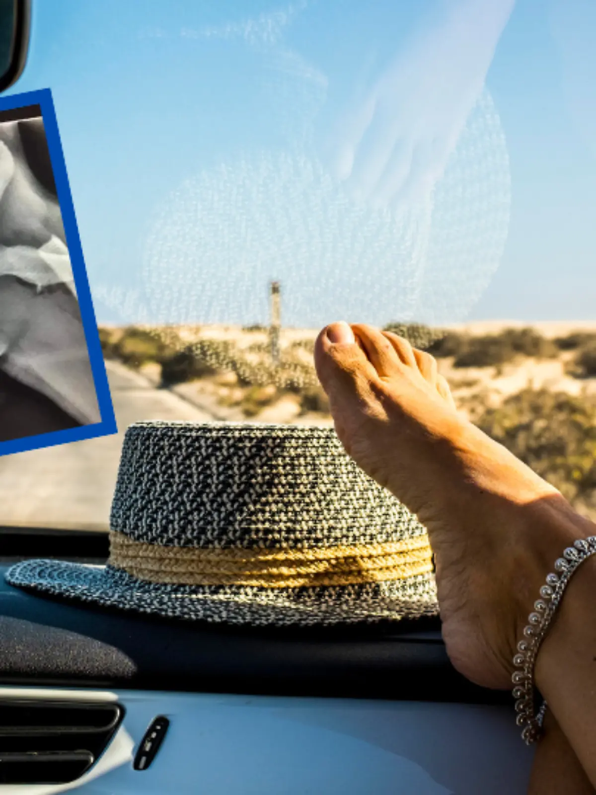 Collage Frau hat Füße auf dem Armaturenbrett/Röntgenbild