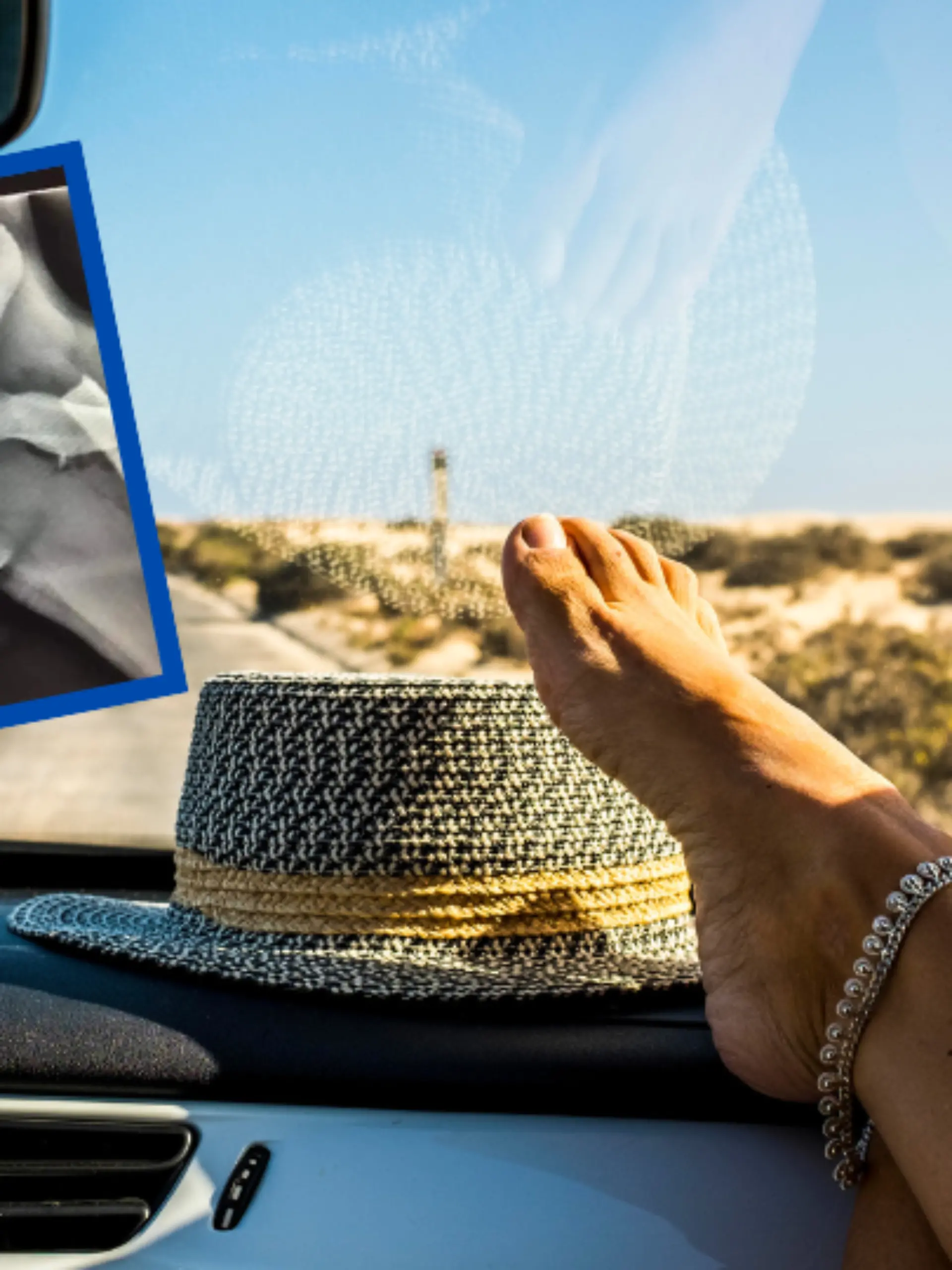Collage Frau hat Füße auf dem Armaturenbrett/Röntgenbild