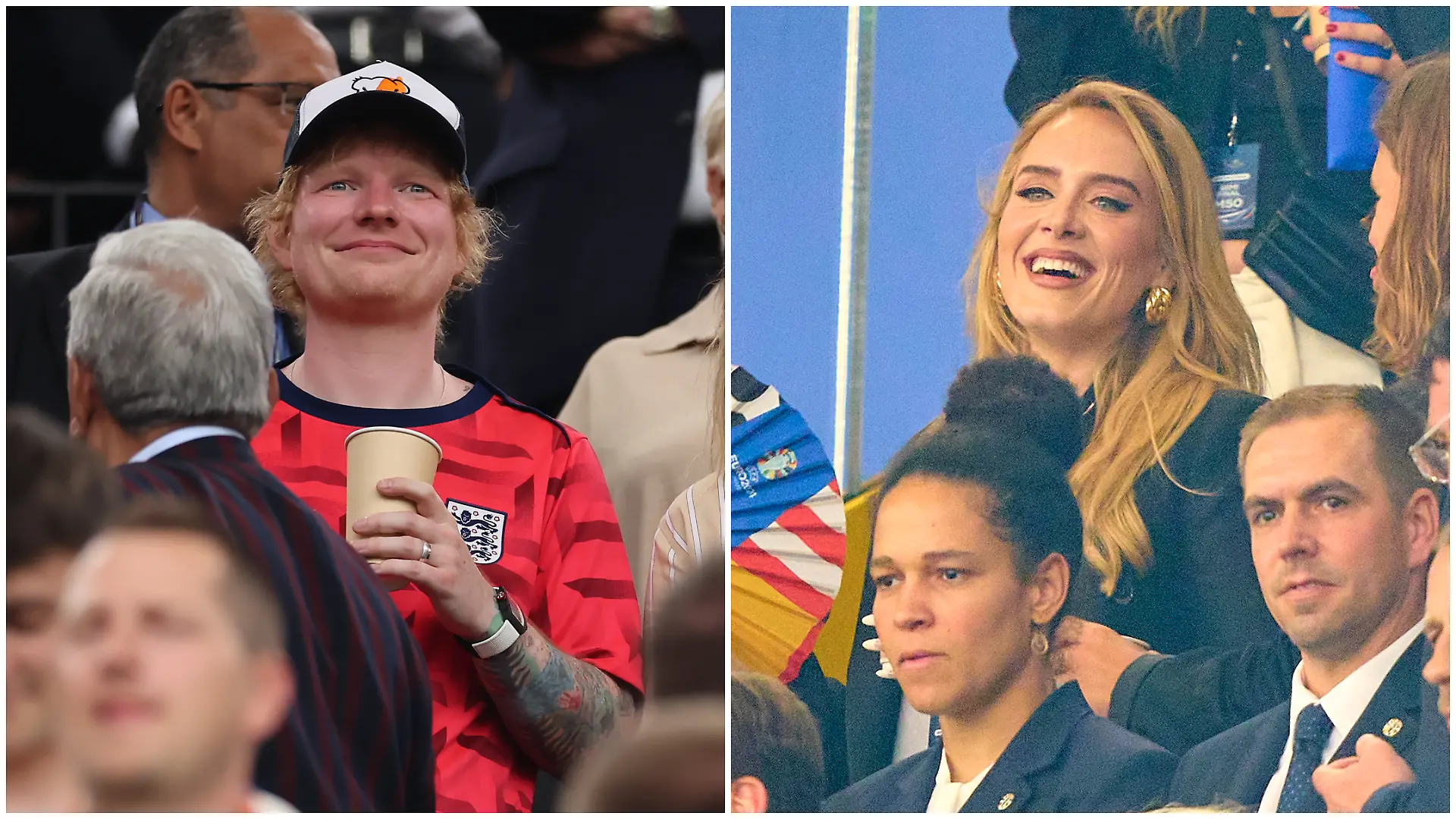 Collage: Ed Sheeran und Adele fiebern beim EM-Halbfinale von England mit.