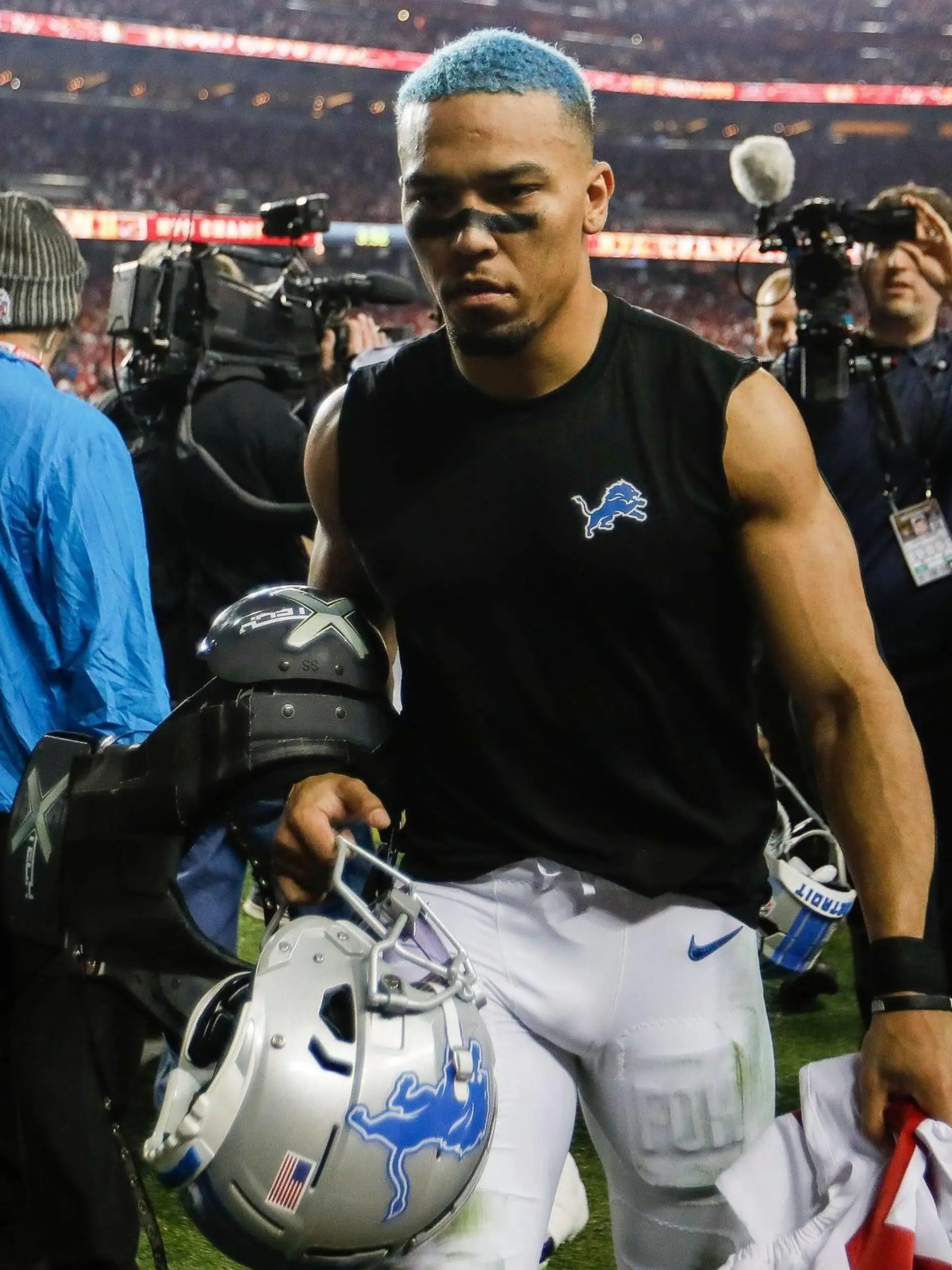 Syndication: Detroit Free Press Lions wide receiver Amon-Ra St. Brown walks off the field after the 34-31 loss to the 49ers in the NFC championship game in Santa Clara, California, on Sunday, Jan. 28, 2024. , EDITORIAL USE ONLY PUBLICATIONxINxGERxSUIxAUTxONLY Copyright: xJunfuxHanx USATSI_22399775