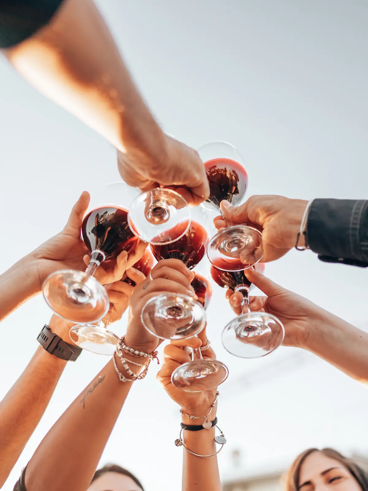 Eine Freundesgruppe stößt gemeinsam mit Alkohol an und feiert.