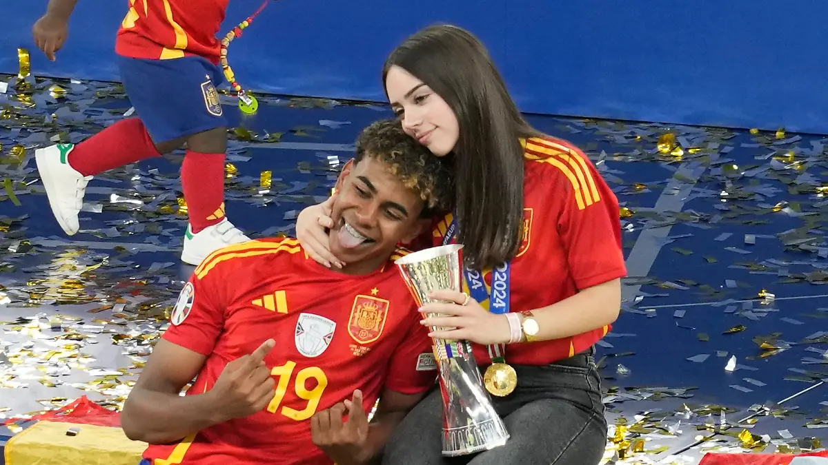 Spain’s Lamine Yamal poses for a photo at the end of the final match against England at the Euro 2024 soccer tournament in Berlin, Germany, Sunday, July 14, 2024. Spain won the game 2-1.