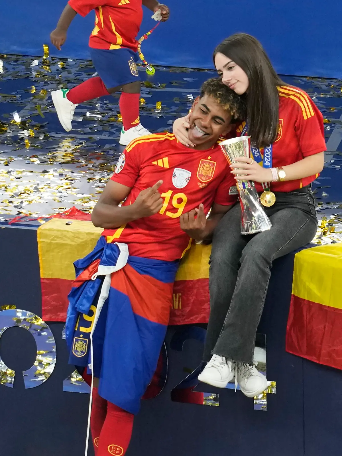 Spain’s Lamine Yamal poses for a photo at the end of the final match against England at the Euro 2024 soccer tournament in Berlin, Germany, Sunday, July 14, 2024. Spain won the game 2-1.